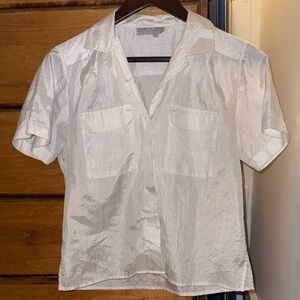 White Short Sleeve silk/satin feeling button down Shirt